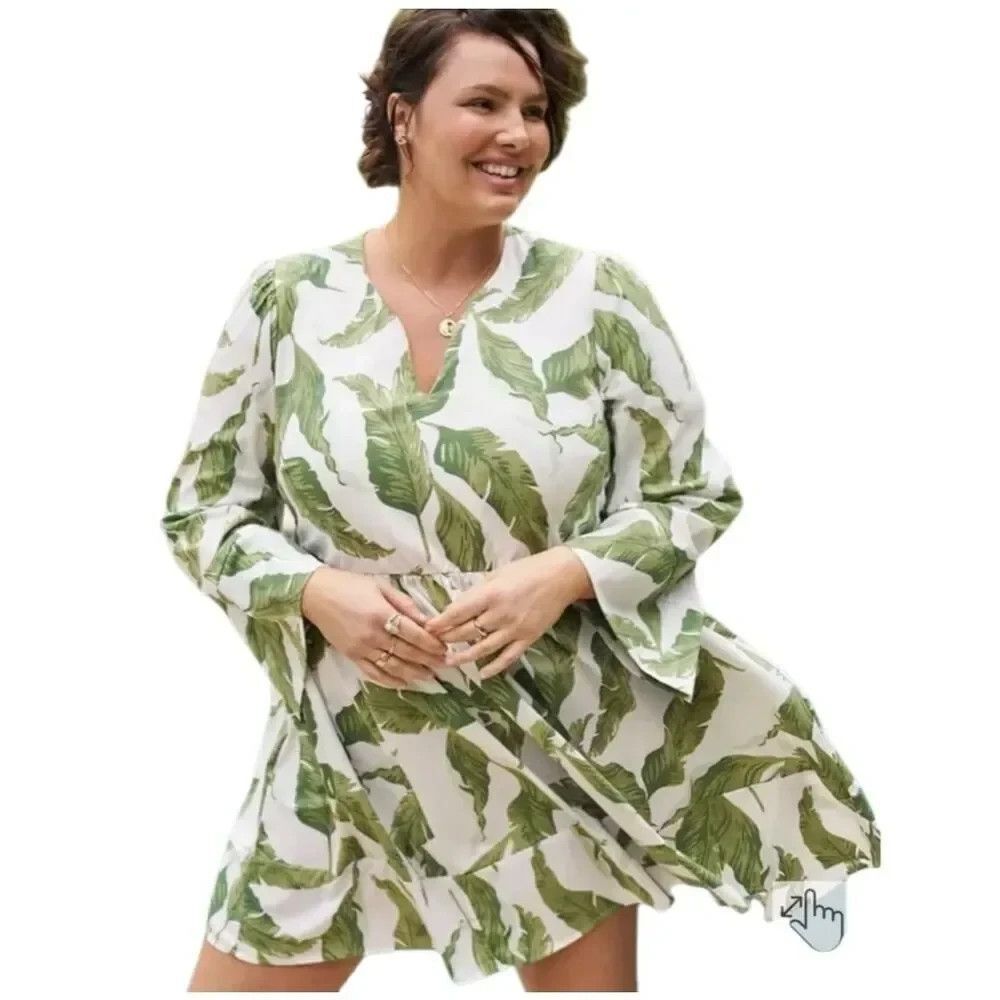 NWT Belle Isle Torrid Mini LS White/Green Palm Leaf Tropical Print Dress Sz 14
